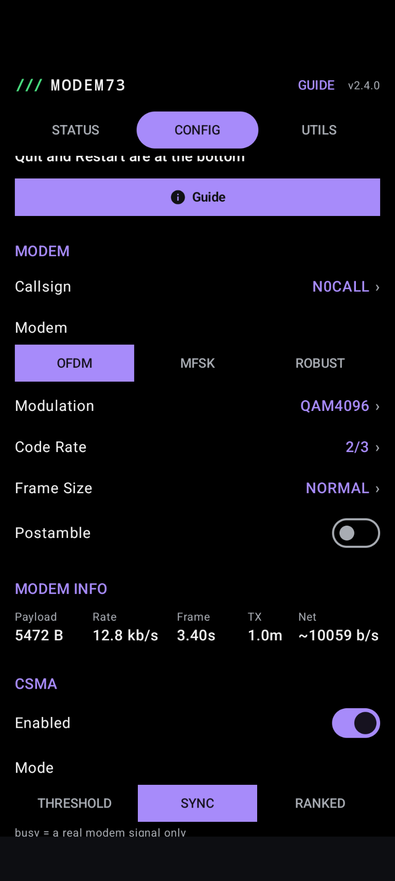 Modem 73 config screen