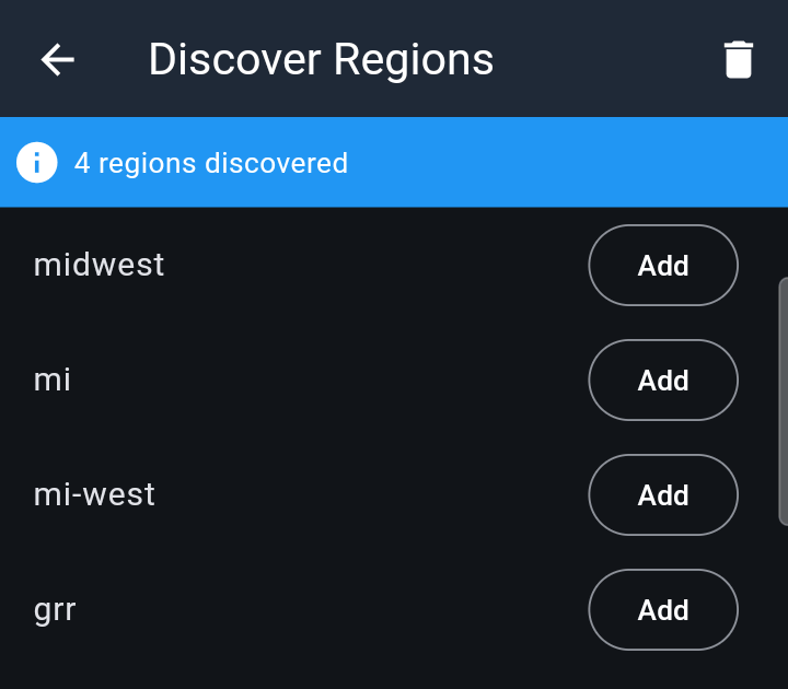 Discover Regions screen listing midwest, mi, mi-west and grr, each with an Add button