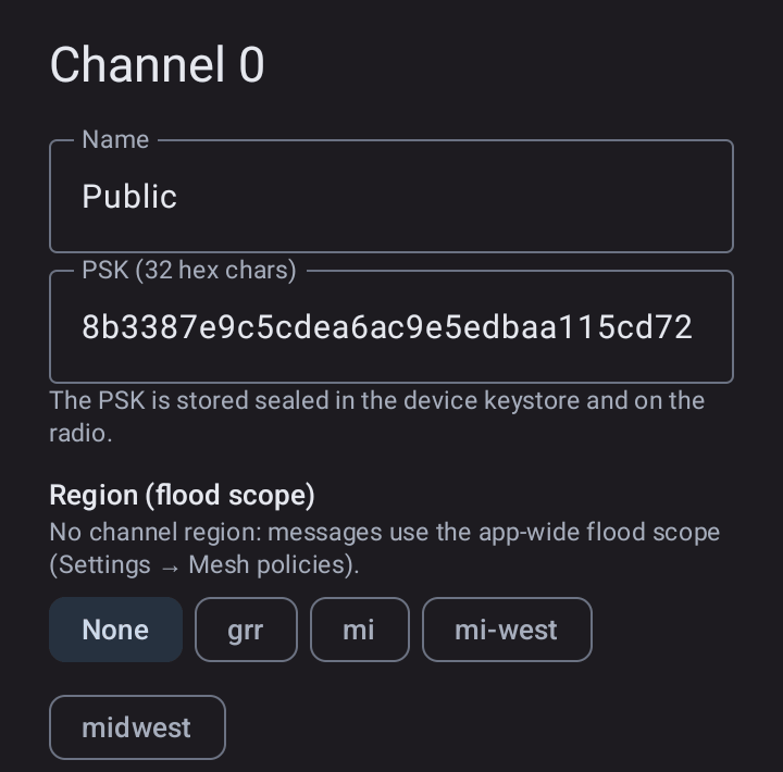 MeshCore Hardened channel settings with the Region (flood scope) choices None, grr, mi, mi-west and midwest
