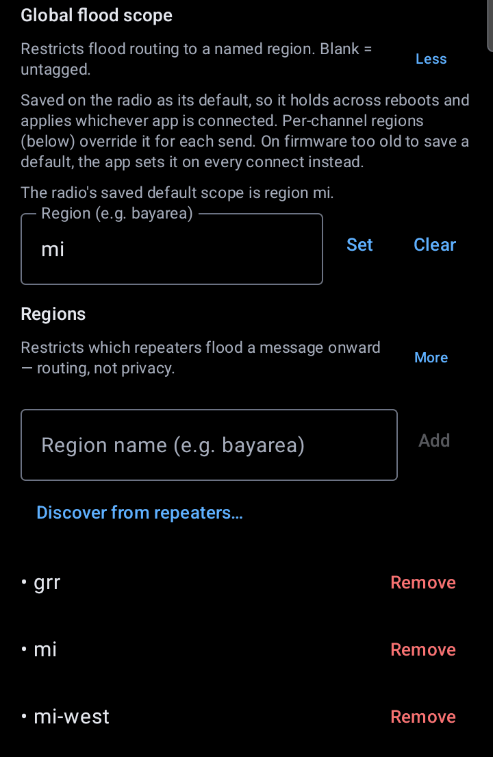 Mesh policies screen showing the saved default scope on the radio is region mi, with Set and Clear buttons